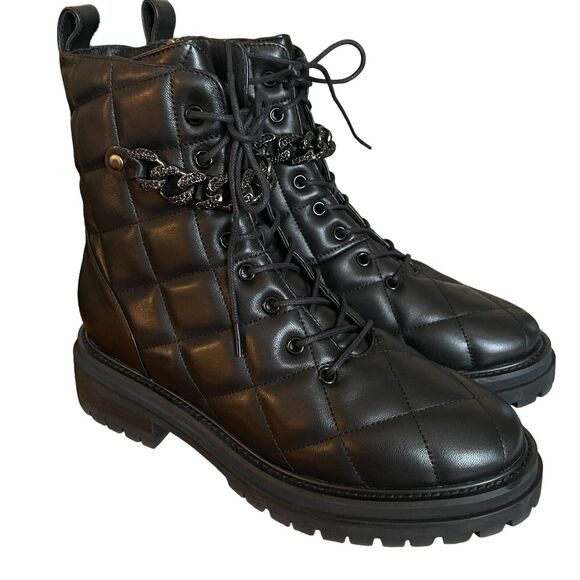 Lola Cruz Quilted Ankle Moto Boots Sz EU 37 US 7 Black Leather Rhinestone Chains